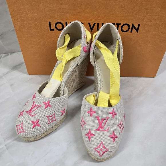 Louis Vuitton Pink and Yellow Espadrille Wedges - Picture 1 of 9